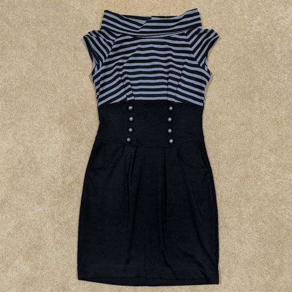 Speechless Dresses & Skirts - Speechless Wide Cowl Neck Dress Gray & Black Striped w Buttons
